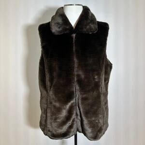 Liz Claiborne Brown Faux Fur Reversible Ribbed Plush Zip Vest Womens XL Mob Wife